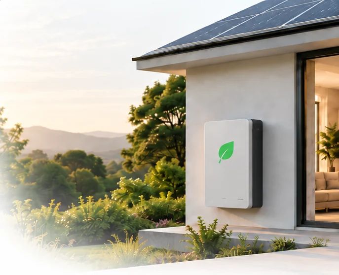 Illustration of a home with rooftop solar and a wall-mounted battery